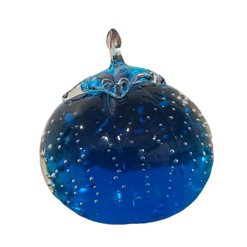 Apple Paperweight Art Glass Controlled Bubble‎ Vintage Fall Pumpkin Blue
